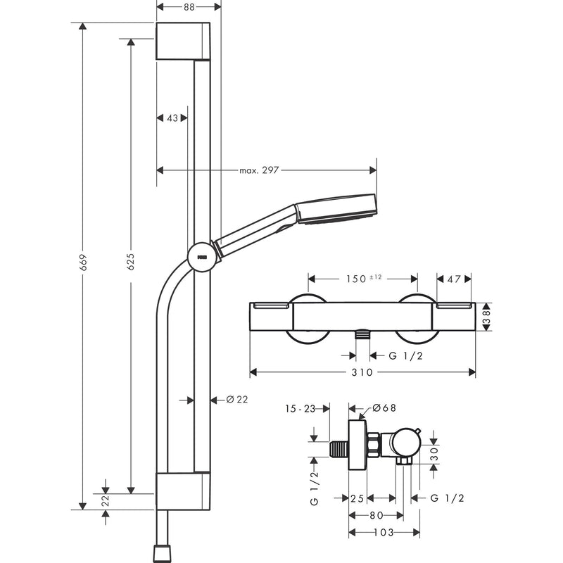 Hansgrohe Bruser Hansgrohe Pulsify Select S Brusesystem 105 3jet Relaxation EcoSmart med termostat Ecostat Element og bruserstang 65 cm – krom