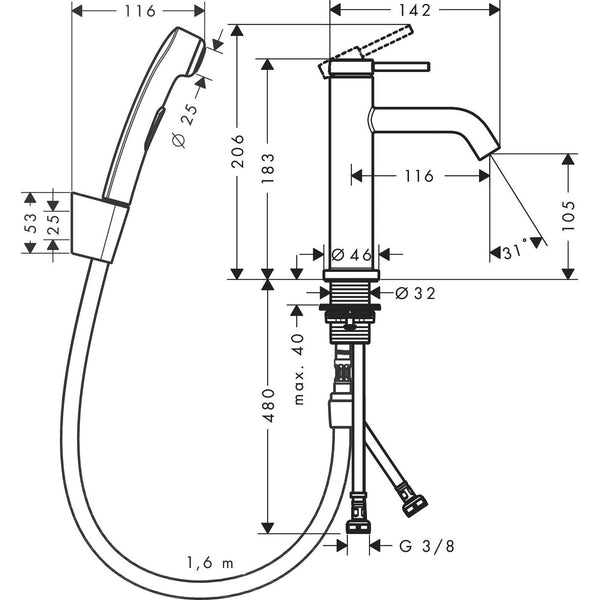 hansgrohe Håndvaskarmatur Hansgrohe Tecturis S 1-grebs håndvaskarmatur 110 med bidettebruser og 160cm bruserslange – krom