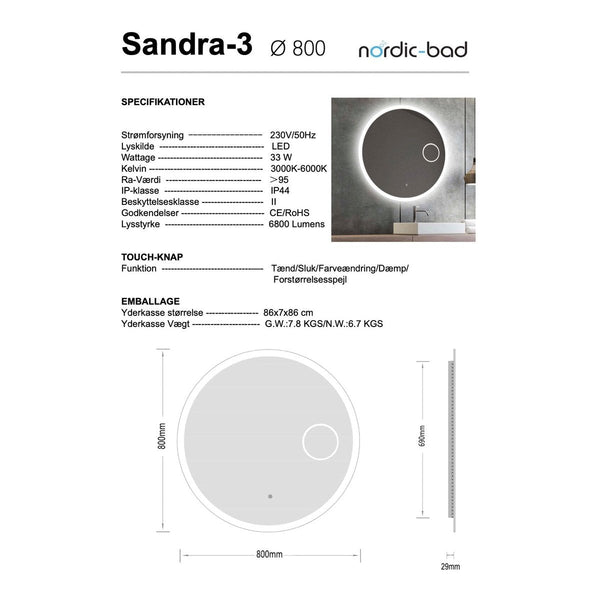 Nordic bad Nordic Bad Sandra-3 rundt spejl med integreret front- og baggrundsbelysning og kosmetikspejl - 100
