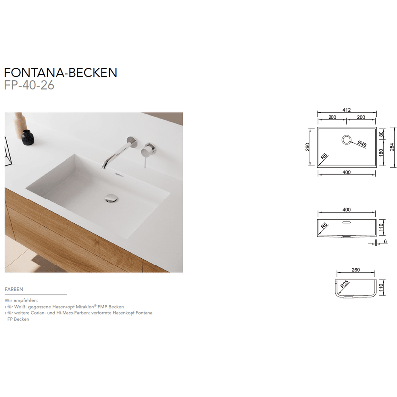 Corian Håndvaske Corian bordplade med vask - Fontana FP-40-36 - dybde 41cm