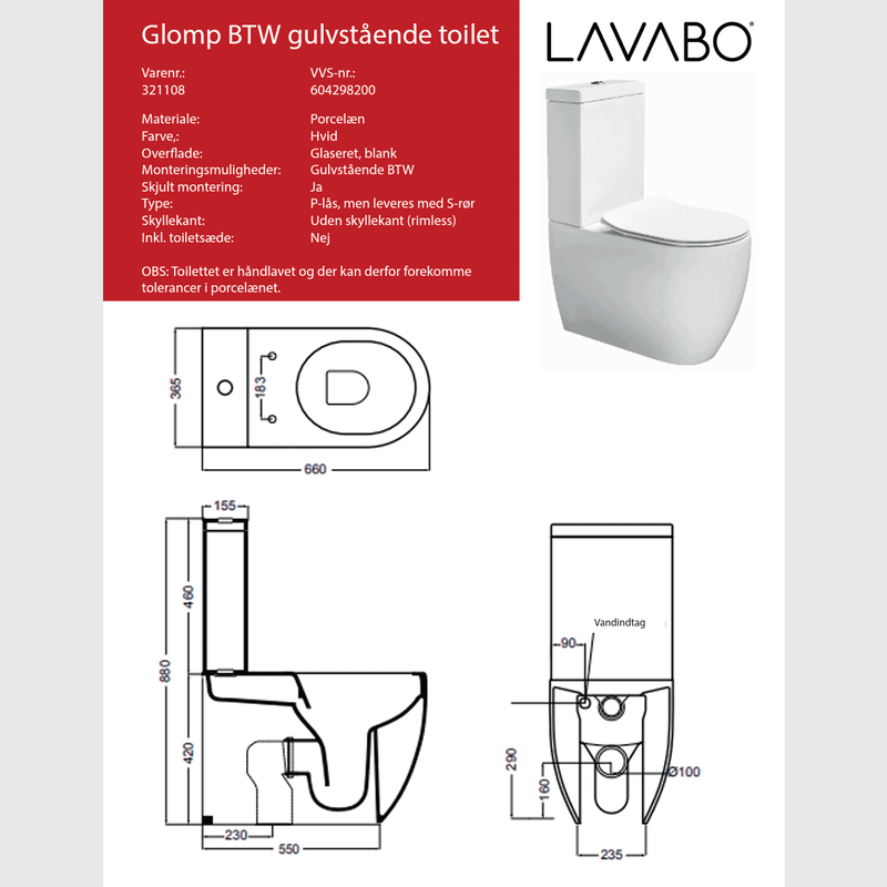 Lavabo Toilet Lavabo Glomp gulvstående toilet - back-to-wall - rimless - hvid