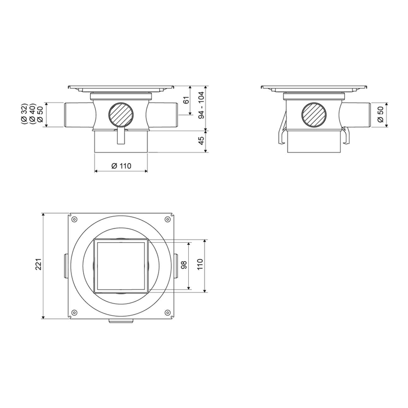 Unidrain Tilbehør til badeværelse Unidrain kvadratisk afløb til flise 10x10cm, nem tilslutning til kloakrør - HighLine Custom Sampak 2