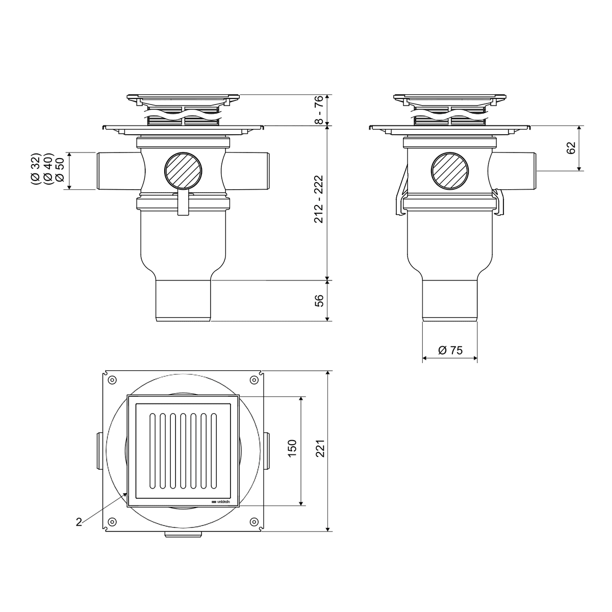 Unidrain kvadratisk afløb til rist 15x15cm - ClassicLine Column Sampak ...