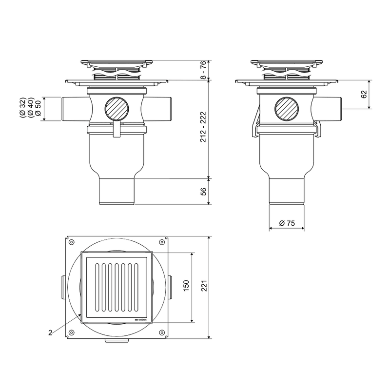 Unidrain Tilbehør til badeværelse Unidrain kvadratisk afløb til rist 15x15cm - ClassicLine Column Sampak 4